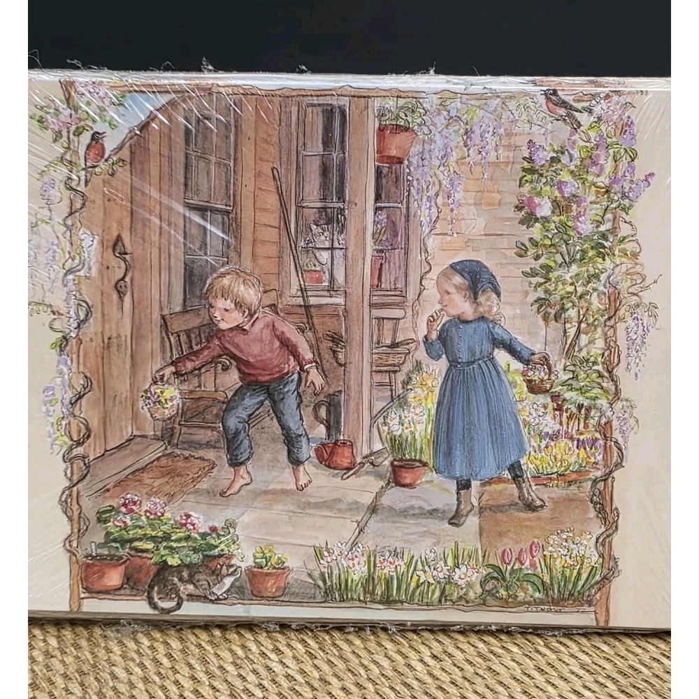 Tasha Tudor Style VTG Greeting Card Jenny Wren Press 1990 Children Garden NOS